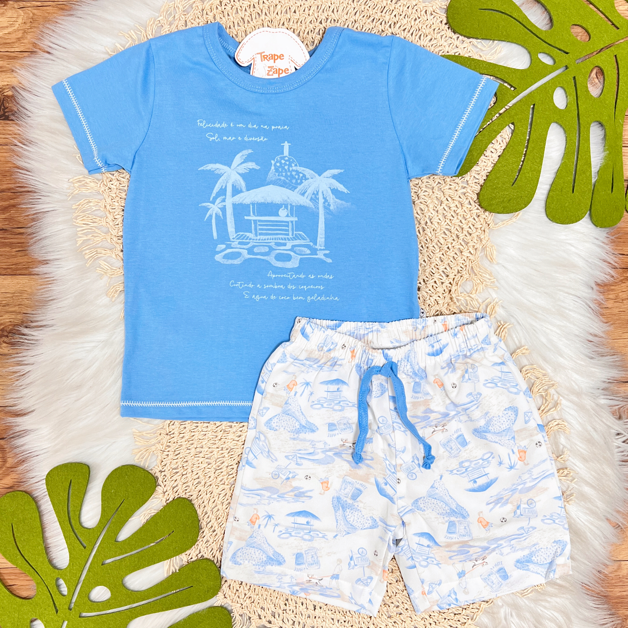 Conj. Camiseta Aproveitando as Ondas e Bermuda - Azul Claro